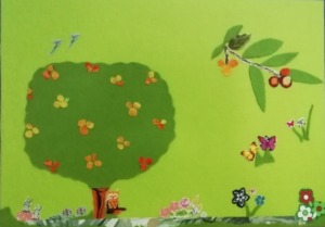 A foto representa o painel da flora, mostrando um medronheiro, espécie existente na escola.