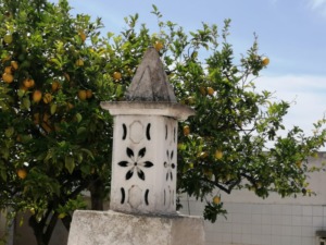 Fotografia de uma chaminé de Estômbar, perto de uma laranjeira, dois símbolos do património algarvio (cultural e natural).